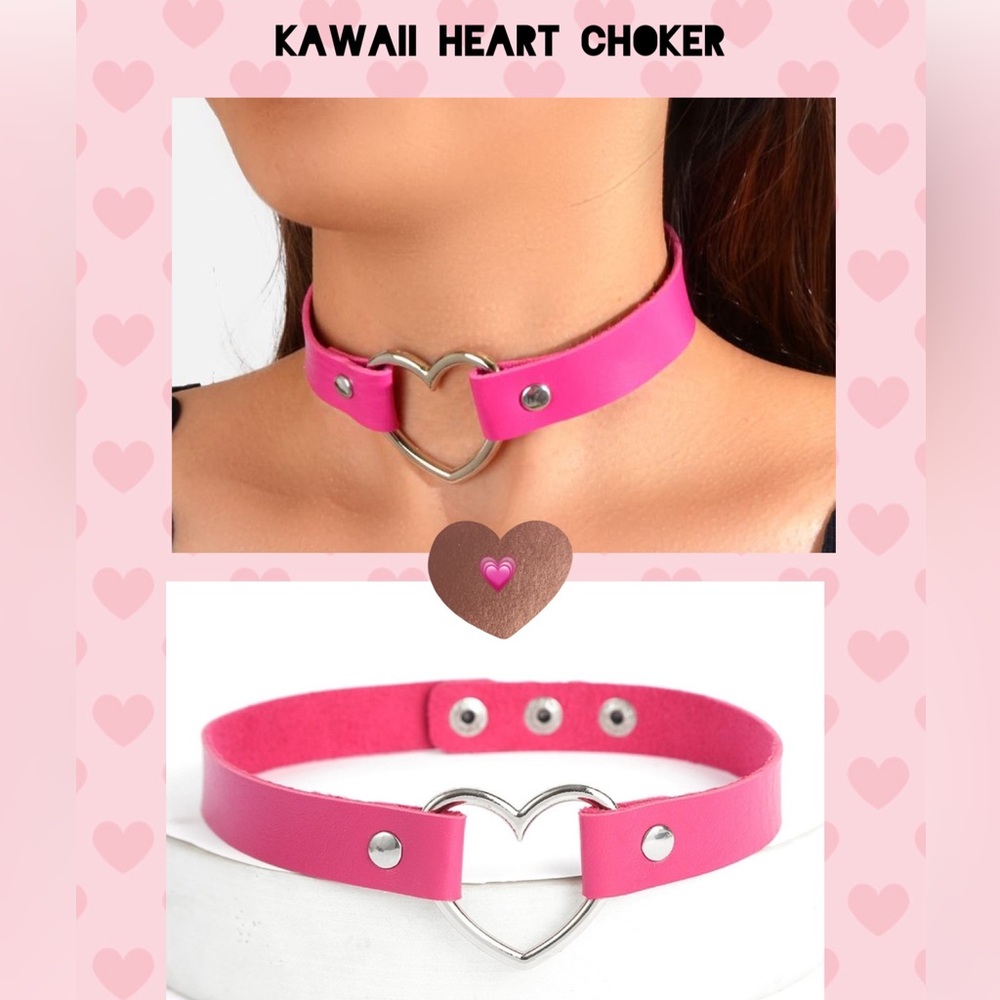 🎃 - Kawaii girl hot rose pink heart choker adjustable faux leather+ 1 🆓 Gift 💝